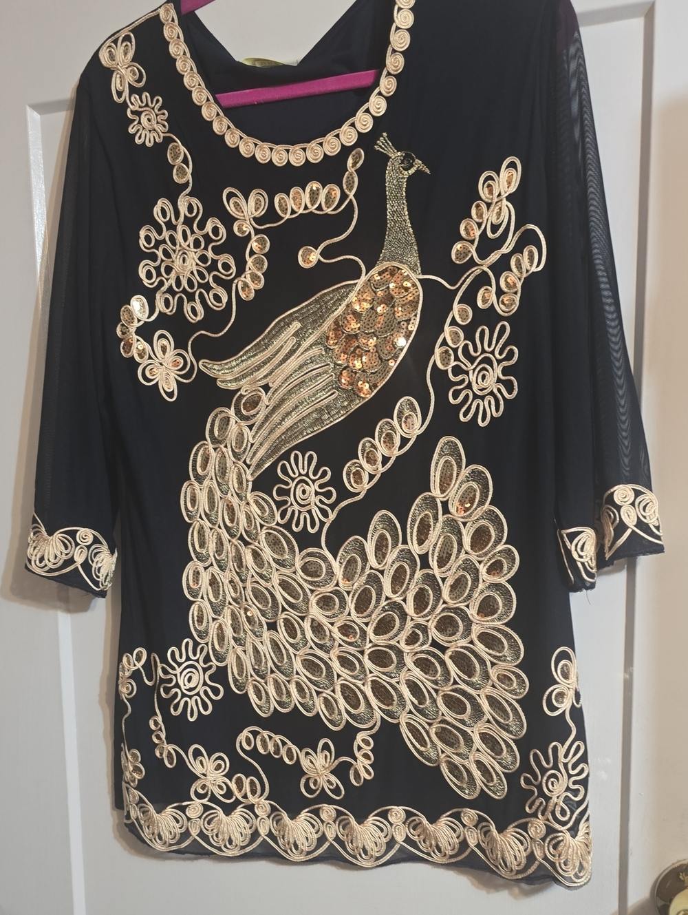 Blue  Top with Gold Embroidered Peacock